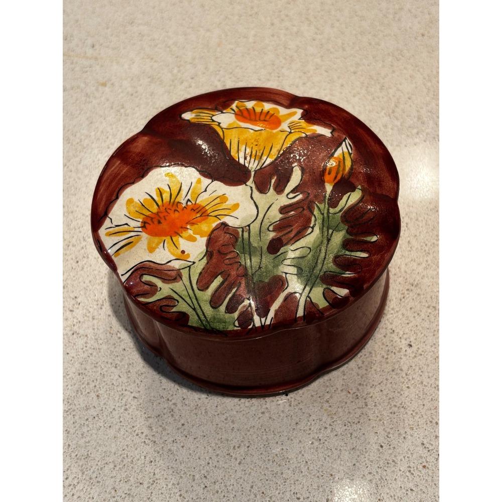 Vintage Enesco Japan Ceramic Trinket Box Hand Painted Floral Scalloped Jar Fall